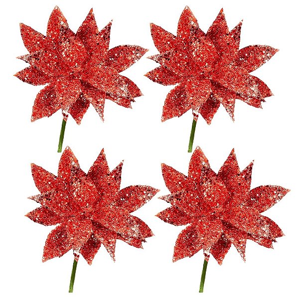 Jogo Pick Natal Folhagem Glitter Especial Vermelho 4 Unidades - Magizi