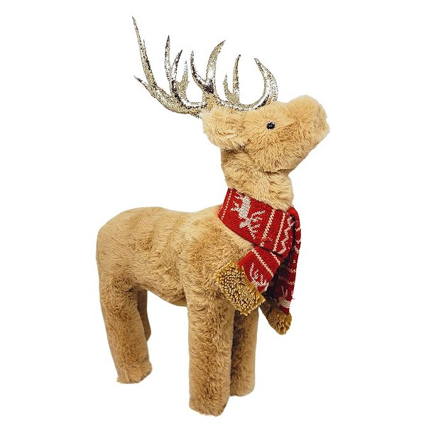 Rena Decorativa Natal Pelúcia Prime Marrom Claro Cachecol Crochê 37cm - Master Christmas