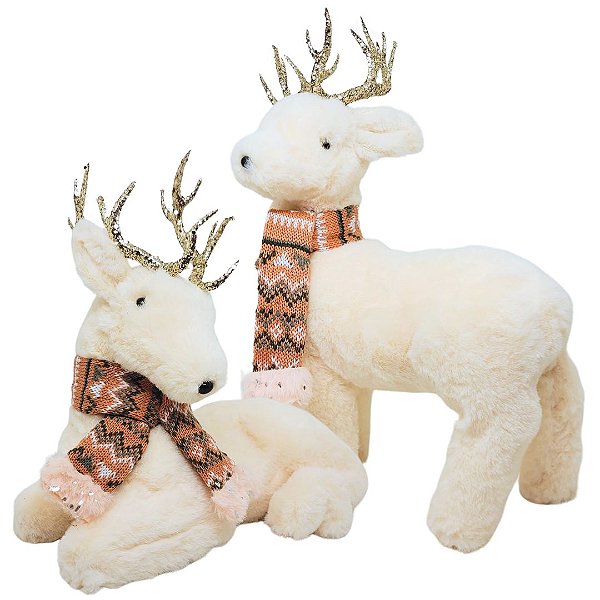 Jogo Rena Decor Natal Pelúcia Deitada e Em Pé Creme Cachecol Crochê Rosê 37cm - Master Christmas