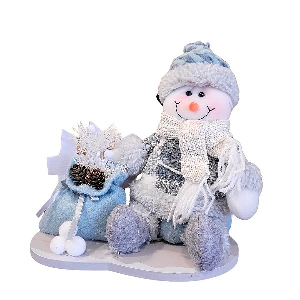 Boneco de Neve Pelúcia Decorativo Base Madeira Saco Presentes Decorado Verde e Cinza 23cm - Master Christmas