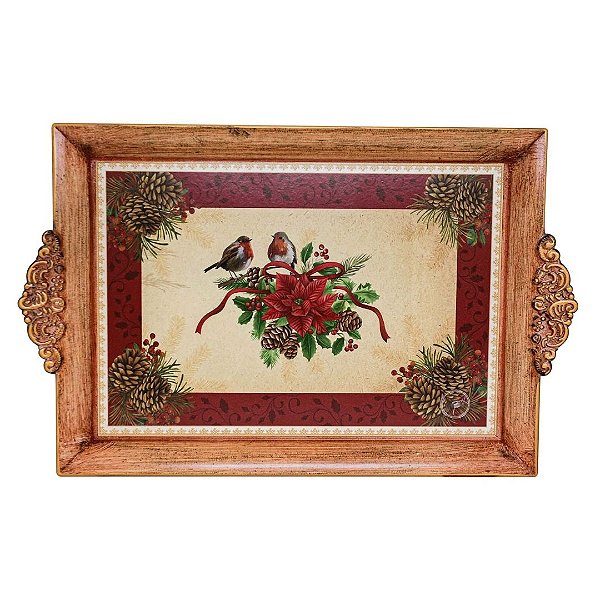 Bandeja Natal Retangular Estampa Rústica Moldura 36cm x 26cm - Magizi