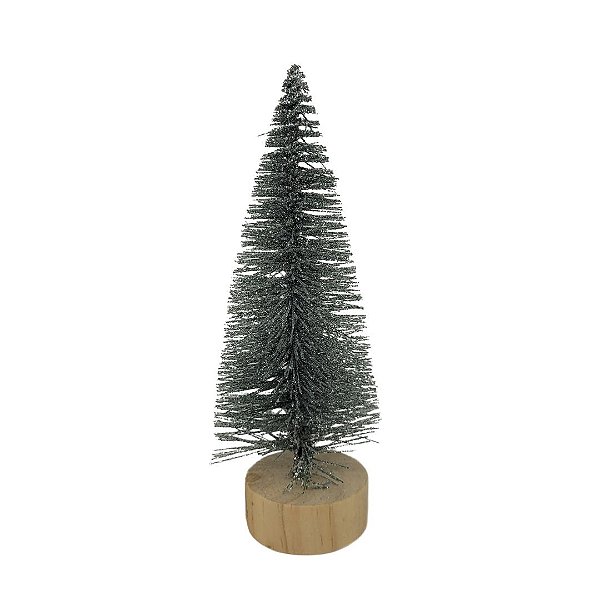Mini Pinheiro Decorativo Prata Base Tronco Madeira 16cm - Art Christmas