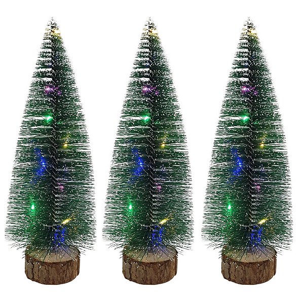 Kit 3 Mini Pinheiro Iluminado Led Color Base Tronco Madeira 25cm - Art Christmas