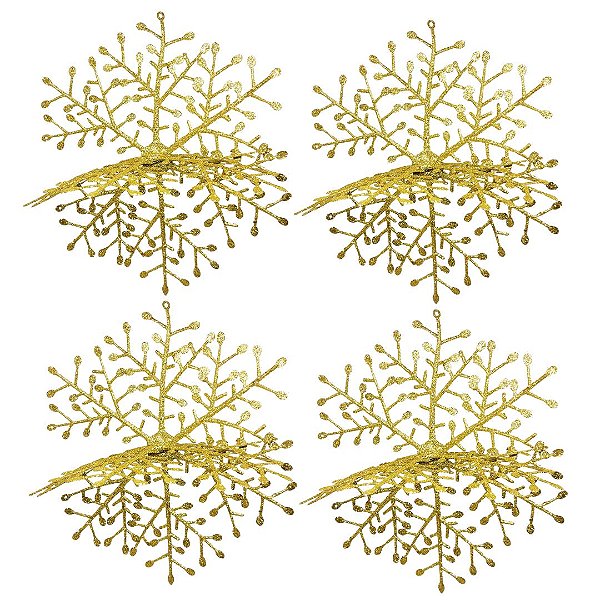 Jogo 4 Flocos de Neve Decorativo 3D Glitter Brilho Dourado 25x25cm - Nataluz