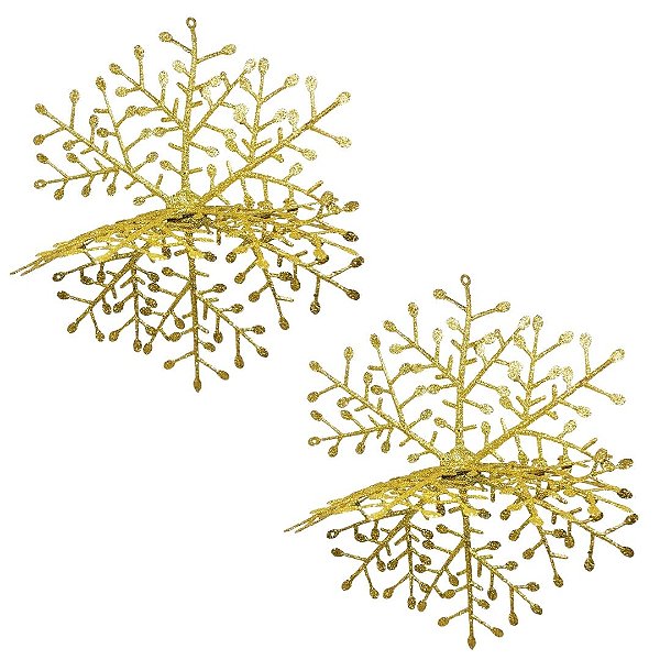 Jogo 2 Flocos de Neve Decorativo 3D Glitter Brilho Dourado 25x25cm - Nataluz