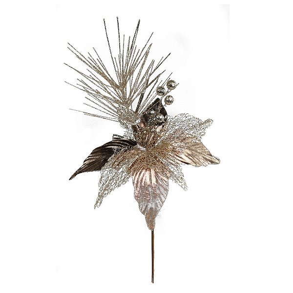 Galho Decorativo Flor Natal Bico de Papagaio Glitter Champanhe Luxo 28cm - Magizi