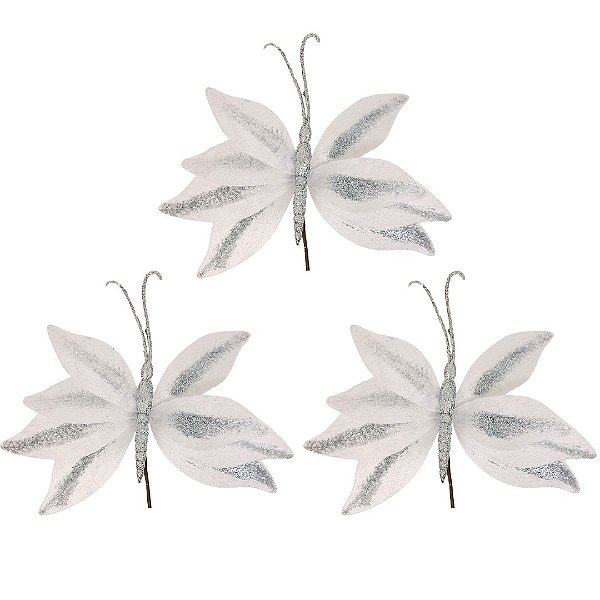 Kit 3 Borboletas Flor Pick Natal Veludo e Glitter Prata 20cm - Art Christmas