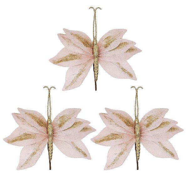 Kit 3 Borboletas Flor Pick Natal Veludo Rosê e Glitter Dourado 20cm - Art Christmas