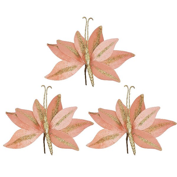 Kit 3 Borboletas Flor Pick Natal Veludo Salmão e Glitter Dourado 20cm - Art Christmas
