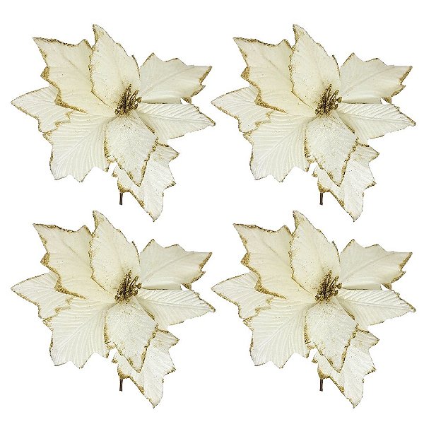 Kit 4 Flores Pick Natal Bico de Papagaio Veludo Texturizado Creme e Dourado 20cm - Master Christmas
