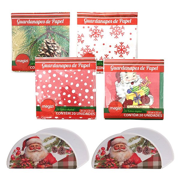 Kit Guardanapo De Natal Decorado 80 Folhas e 2 Porta Guardanapo Melamina - Magizi