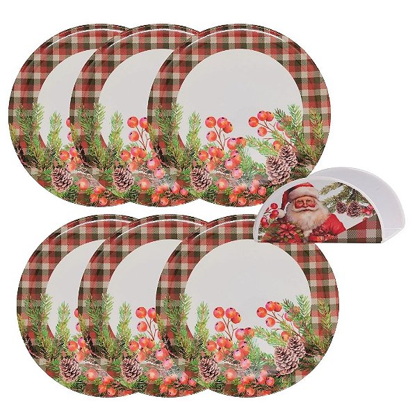 Jogo 6 Pratos de Jantar e Porta Guardanapo Melamina Prime Estampa Natalina - Magizi