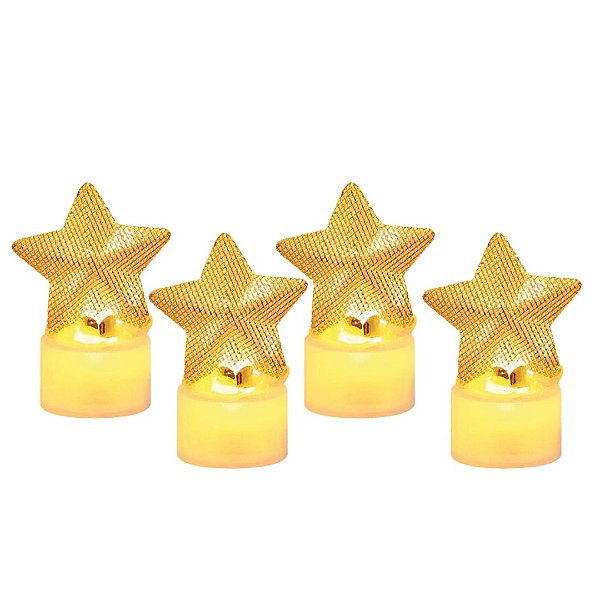 Kit 4 Velas Eletrônicas Estrela Aramada Dourado Natal Led 7cm - Magizi