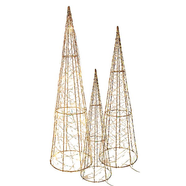 Jogo 3 Árvores Cone Aramado Dourado Iluminada Led Trançado Fio Furta Cor - Magizi