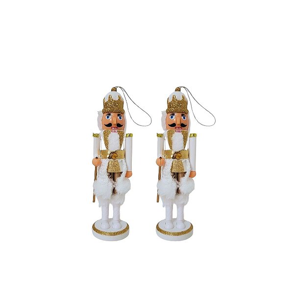 Kit 2 Quebra Nozes Decor Pendente 17cm Branco e Dourado Luxo - Magizi