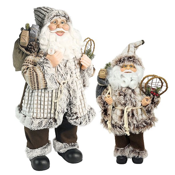 Jogo Papai Noel Decorativo Casaco Rústico Pelúcia Luxo Branco e Marrom 30 e 45cm - Magizi