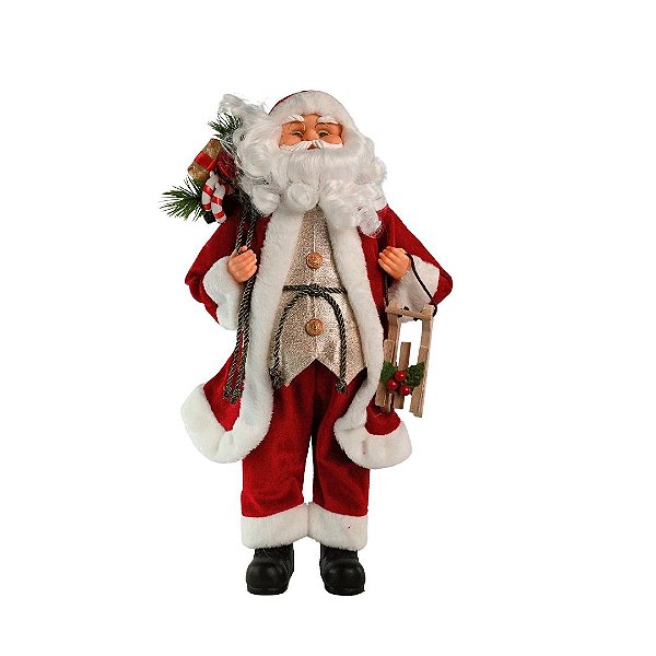 Papai Noel Decorativo Vermelho Luxo Saco Presentes Decorado e Trenó Madeira 30cm - Magizi