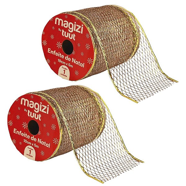 Kit 2 Fitas Aramada Decorativa Telada Dourado Luxo 10cm x 5 metros - Magizi
