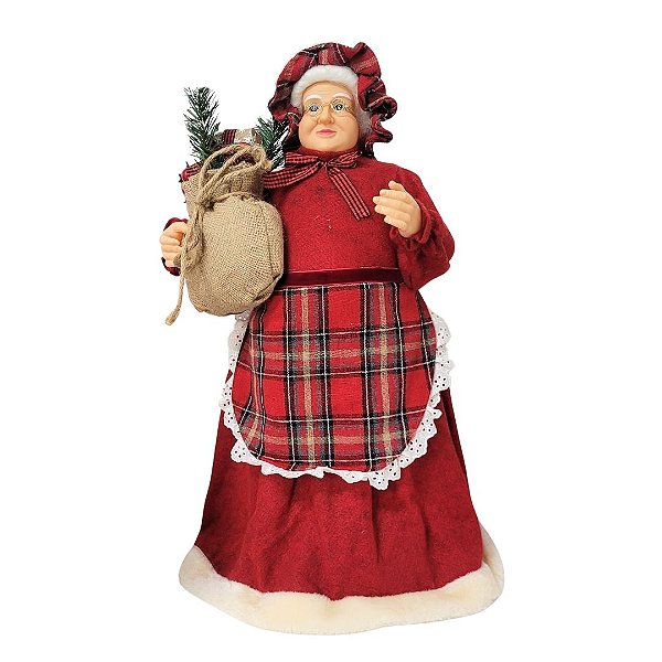 Mamãe Noel Decorativa Avental Xadrez e Saco de Presentes Rústico 60cm - Cromus