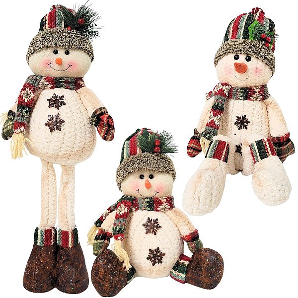 Jogo 3 Bonecos de Neve Em Pé e Sentado Decorativo Lã Felpuda e Cachecol Crochê - E Christmas