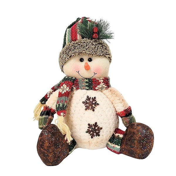 Boneco de Neve Sentado Decor 30cm Pelúcia Lã Felpuda e Cachecol Crochê - E Christmas