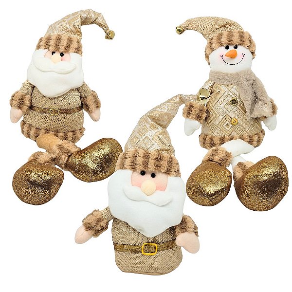 Kit Papai Noel e Boneco de Neve Decorativo Sentado Bronze e Dourado Luxo 3 Peças - E Christmas
