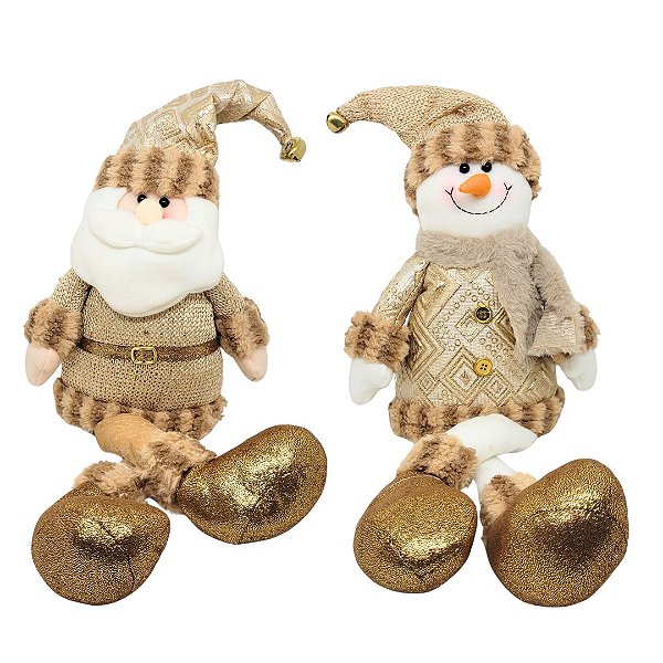 Jogo Papai Noel e Boneco de Neve Decorativo Sentado Bronze e Dourado Luxo 58cm - E Christmas