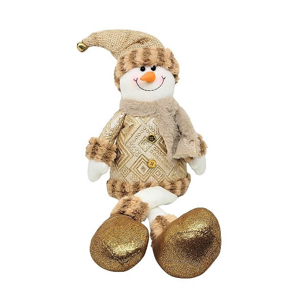 Boneco de Neve Decorativo Sentado Bronze e Dourado Luxo Gorrinho Guizo 58cm - E Christmas