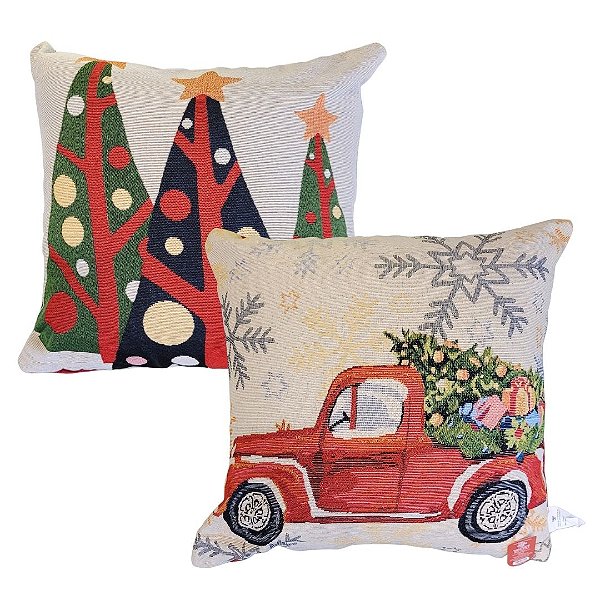 Jogo 2 Capas de Almofada Gobelin Natal 45x45cm Árvores e Carro Vintage - Magizi