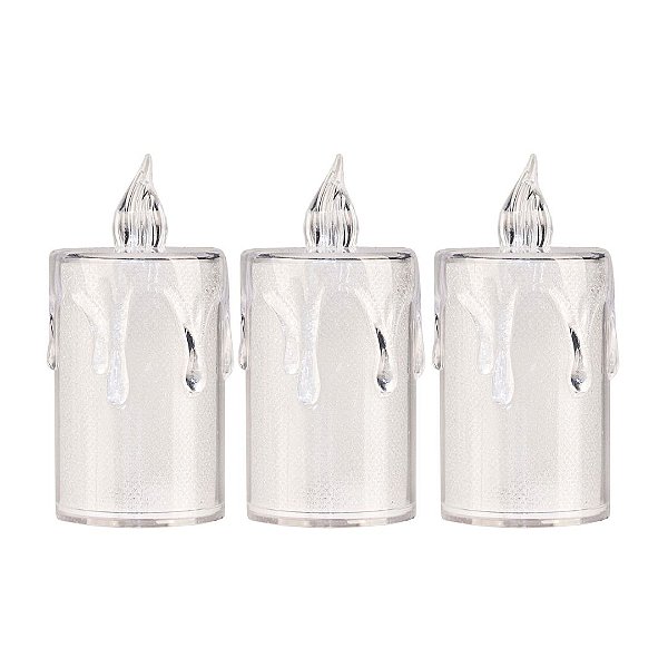 Jogo 3 Mini Velas Eletrônica Cristal LED Branco Quente 7,7cm - Art Christmas