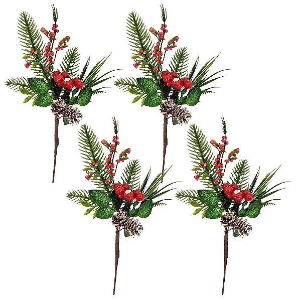 Kit 4 Galhos Pick Nevado Natal Pinhas Naturais, Berries e Folhagens 26cm - Art Christmas