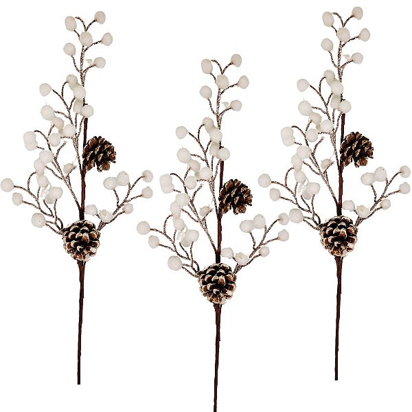 Kit 3 Galhos Pick Decorativo Natal Azevinhos e Pinhas Nevado 40cm - Master Christmas