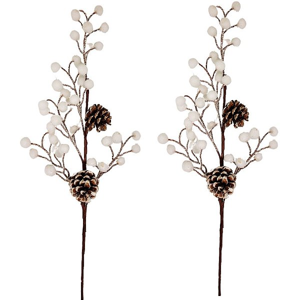 Kit 2 Galhos Pick Decorativo Natal Azevinhos e Pinhas Nevado 40cm - Master Christmas