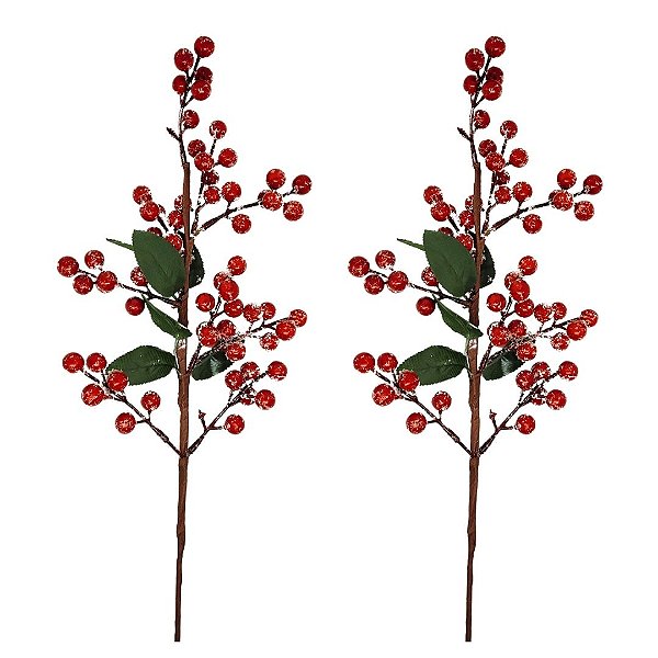 Kit 2 Galhos Pick Decorativo Natal Azevinhos Vermelho Nevado 40cm - Master Christmas