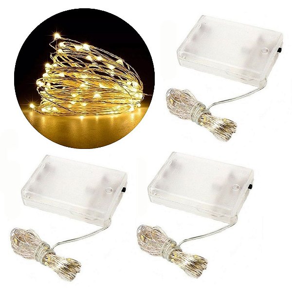 Kit Fio De Fada Micro Led Pilha 50l Branco Quente 5m 3 Peças - Wincy