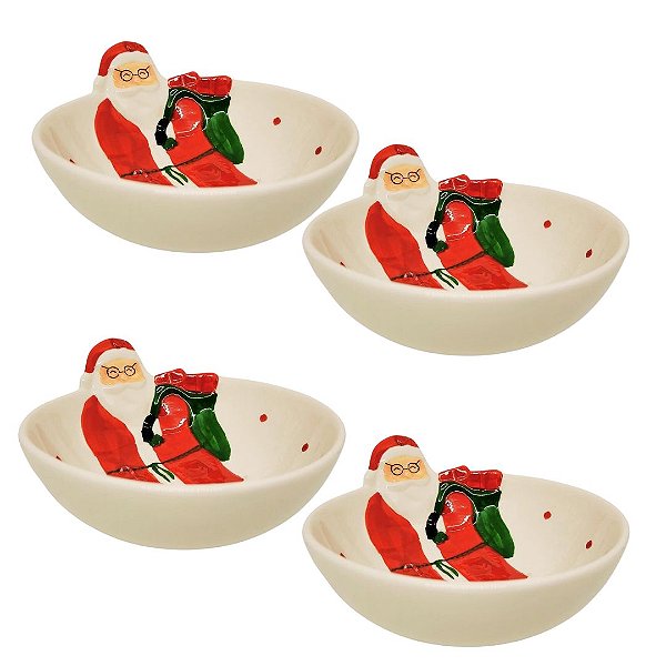Jogo 4 Tigelas Bowl Cerâmica Natal Papai Noel 13cm 250ml - Master Christmas