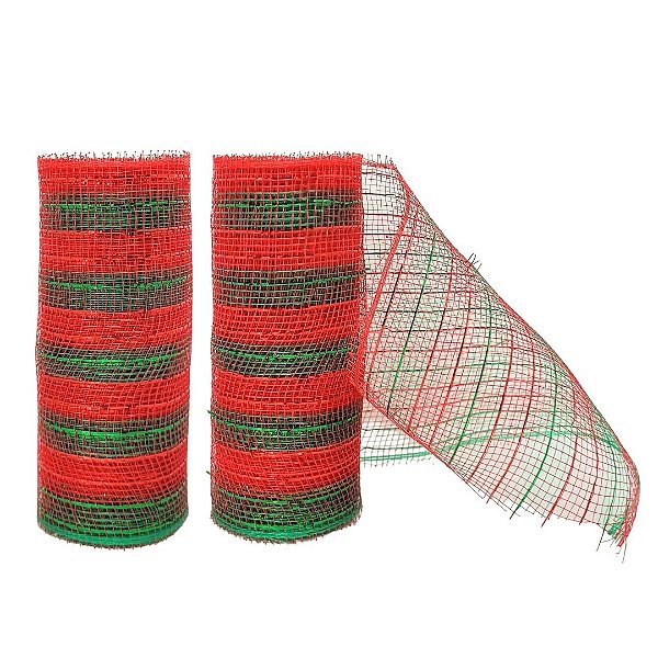 Kit 2 Telas Decorativa Fita Malha Tule Natal Listrado Vermelho e Verde 15cm x 5 metros – Magizi