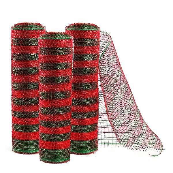 Kit 3 Telas Decorativa Fita Malha Tule Listrado Vermelho e Verde Natal 25cm x 5 metros – Magizi