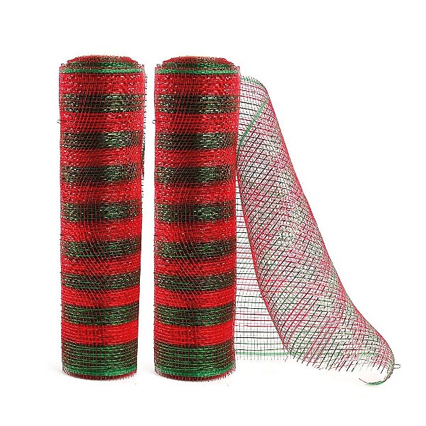 Kit 2 Telas Decorativa Fita Malha Tule Listrado Vermelho e Verde Natal 25cm x 5 metros – Magizi