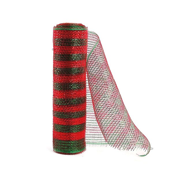 Tela Decorativa Fita Malha Tule Listrado Vermelho e Verde Natal 25cm x 5 metros – Magizi
