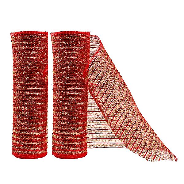 Kit 2 Telas Decorativa Fita Natal Malha Tule Listras Vermelho e Dourado 26cm x 5 metros – Magizi