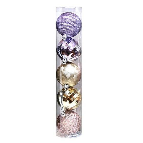 Kit 5 Bolas Mistas Premium Decoradas Natal Rosê Gold, Dourado e Lilás 6cm - Magizi