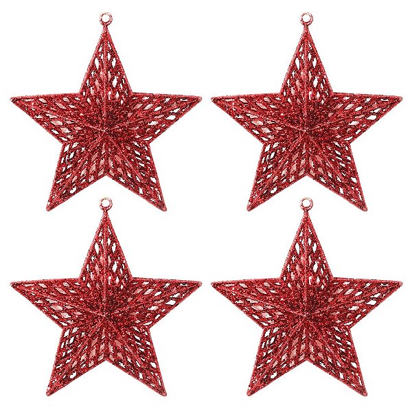 Kit 4 Estrelas Glitter Vazado Vermelha Natal Brilho 3D 18cm - Magizi