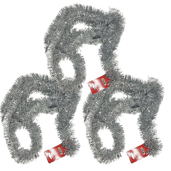 Kit 3 Festões Metalizado Prata Brilhante 5cm x 2 metros - Magizi