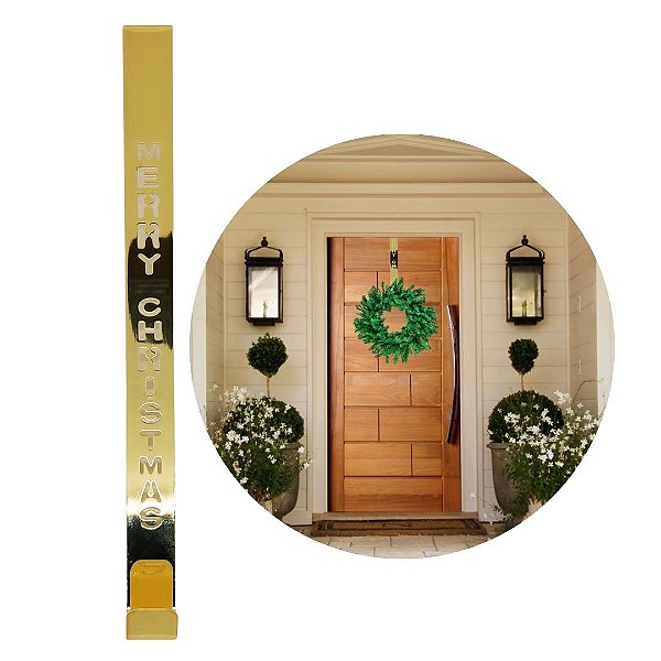 Suporte Para Guirlanda Metal Dourado Merry Christmas 31cm Encaixe Porta - Magizi