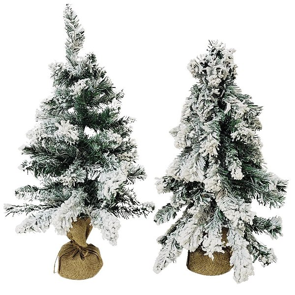 Jogo 2 Pinheiros Enfeite de Mesa Nevado Rústico Luxo Base Linho Juta 60cm - Bela Flor