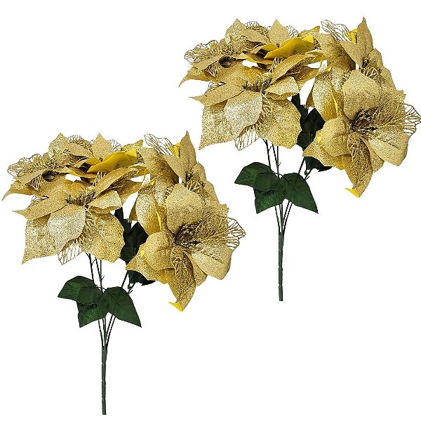 Jogo 2 Buquês Flor Bico de Papagaio Dourado Glitter Luxo 45cm 5 Flores - Nataluz