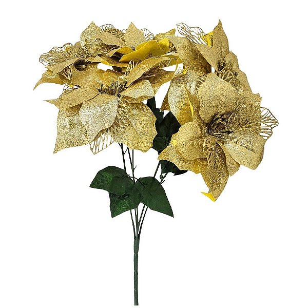 Buquê Flor Bico de Papagaio Dourado Glitter Luxo 45cm 5 Flores - Nataluz