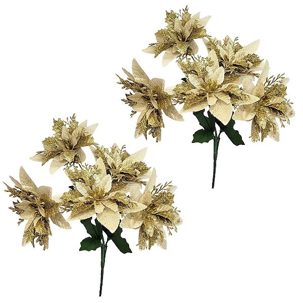 Jogo 2 Buquês Flor Bico de Papagaio Dourado Glitter Luxo 30cm 5 Flores - Nataluz