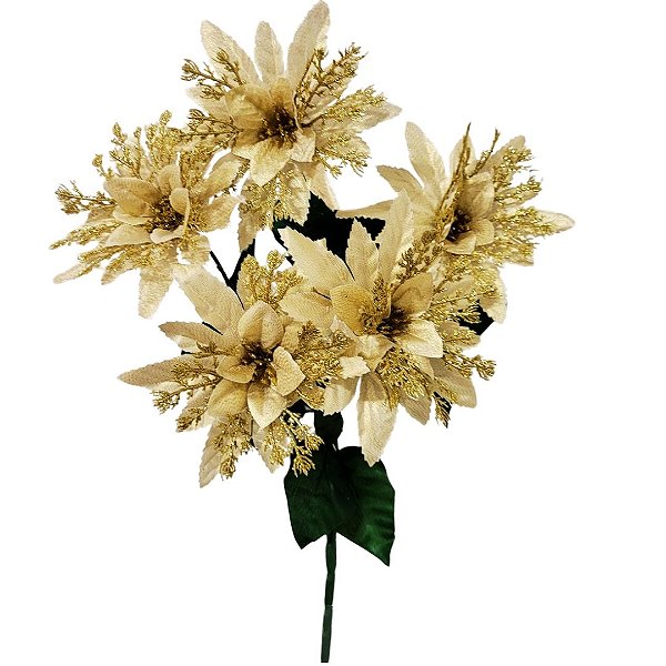 Buquê Flor Bico de Papagaio Dourado Glitter Luxo 50cm 5 Flores - Nataluz